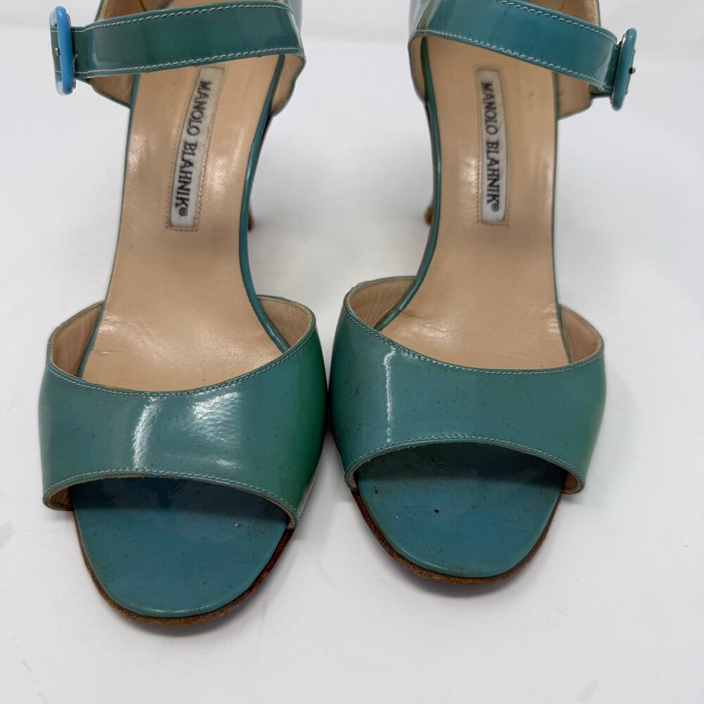Manolo Blahnik Turquoise Blue Patent Leather Peep Toe Mary Jane Heeled Sandal 38 - Picture 7 of 10